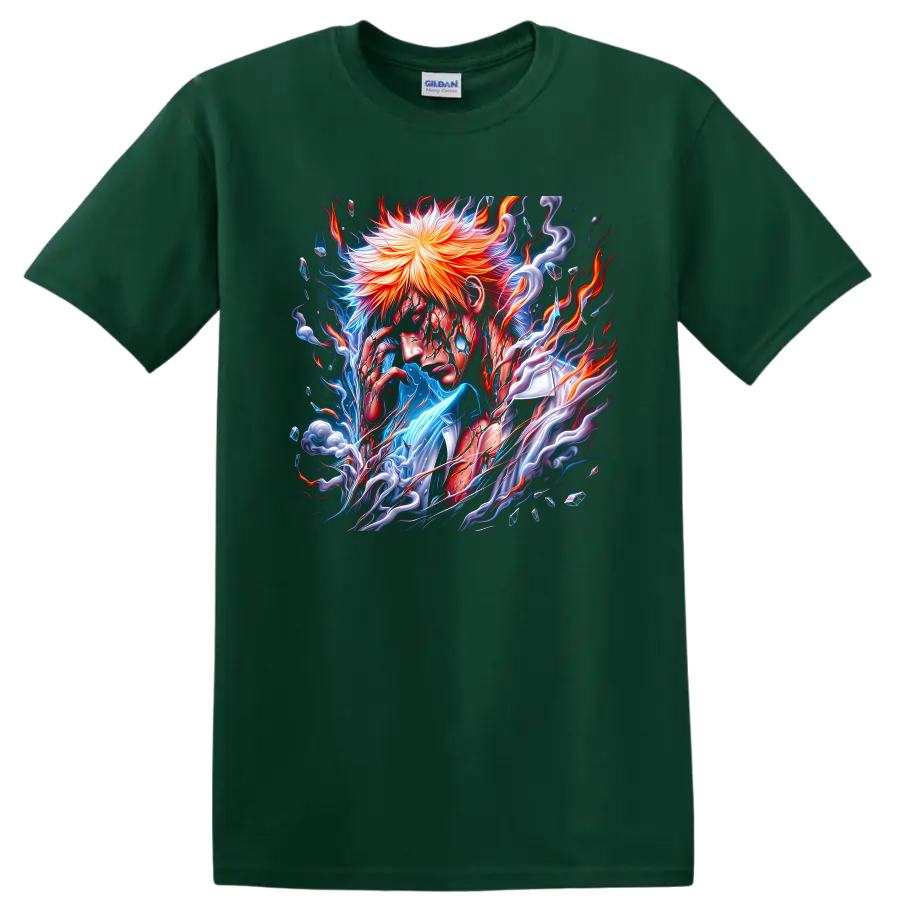 Ichigo Kurosaki fiery energy anime warrior graphic print on a Forest Green T Shirt