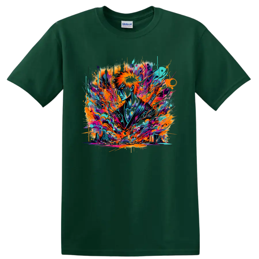 Ichigo Kurosaki in neon abstract graffiti-style Soul Reaper artwork on a Forest Green T Shirt