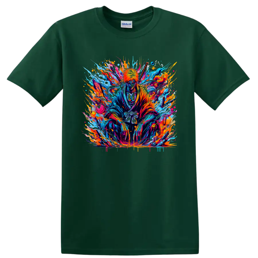 Ichigo Kurosaki neon splash-art warrior graphic with blue energy and orange flames on a Forest Green T Shirt