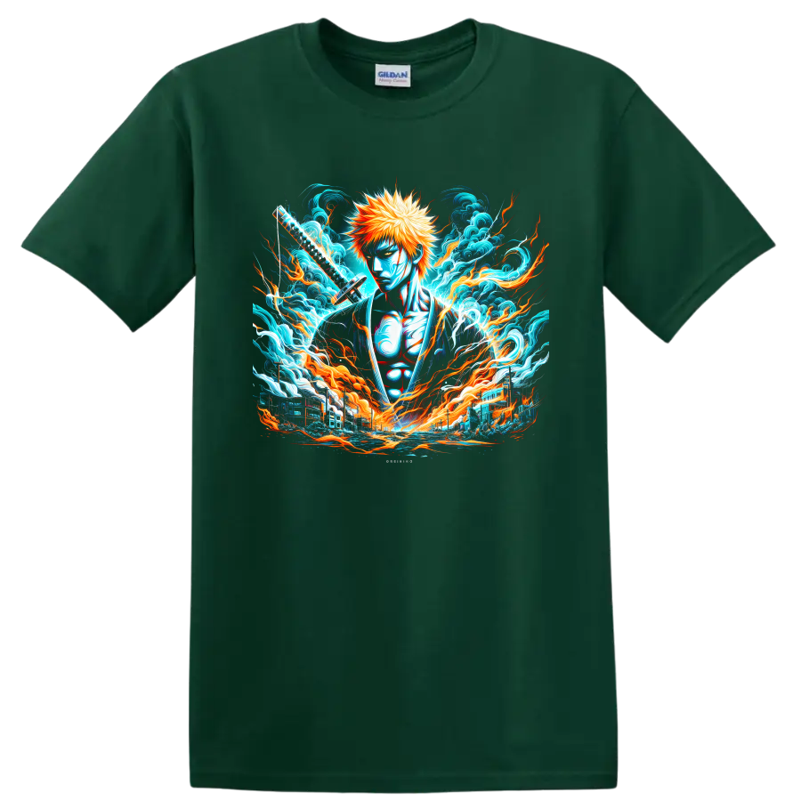 Ichigo Kurosaki with katana amid fiery energy and crashing waves anime graphic on a Forest Green T Shirt