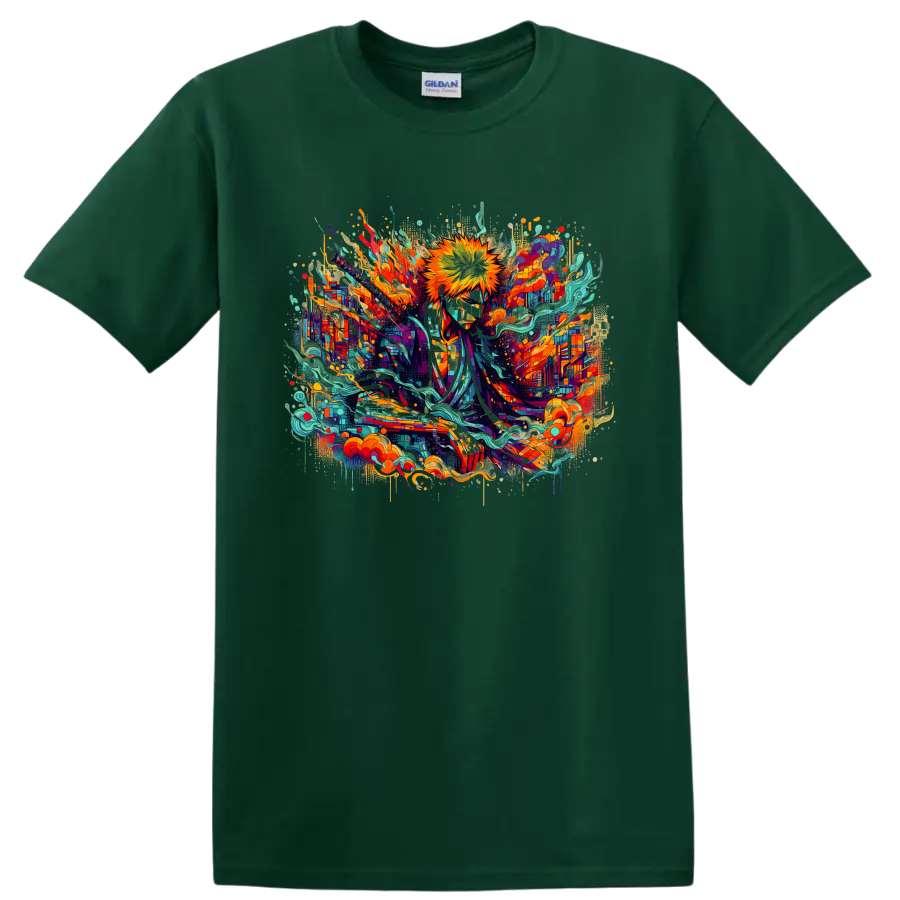 Ichigo Kurosaki Bleach sword hero in colorful abstract energy art on a Forest Green T Shirt