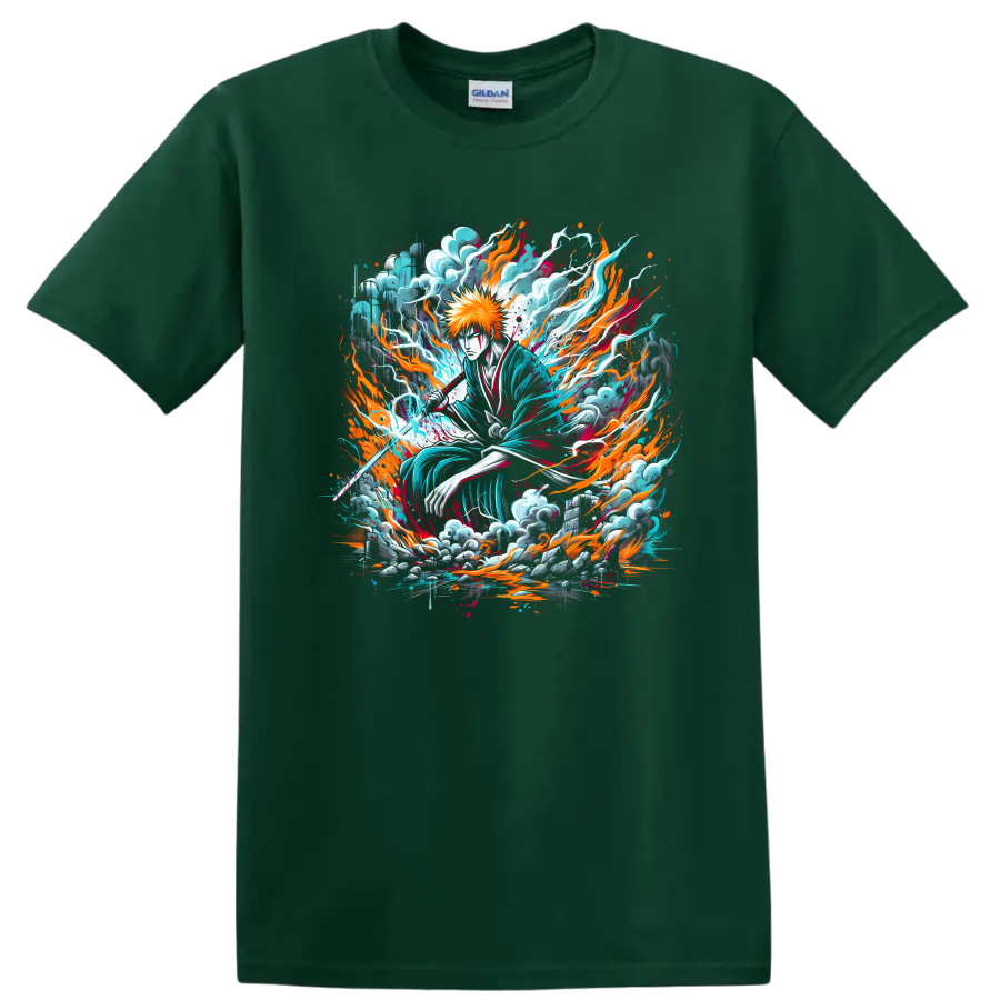 Ichigo Kurosaki fiery sword anime art with turquoise energy and flame effects on a Forest Green T Shirt