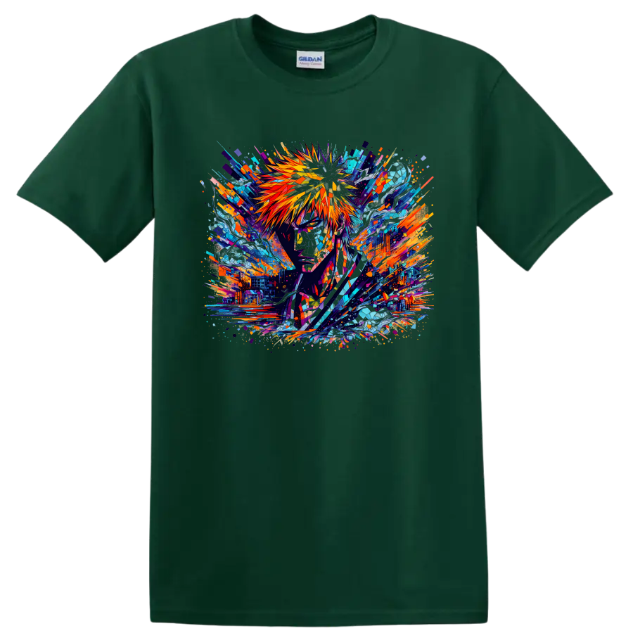 Ichigo Kurosaki stained-glass-style abstract anime portrait with sword on a Forest Green T Shirt
