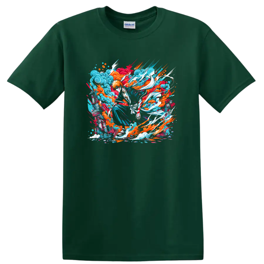 Ichigo Kurosaki Bleach anime action graphic with colorful waves and paint splashes on a Forest Green T Shirt