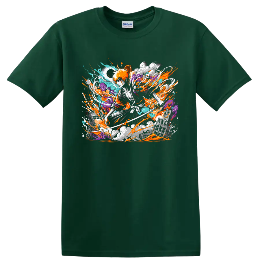 Ichigo Kurosaki with sword in dynamic orange, teal, and purple anime energy art on a Forest Green T Shirt