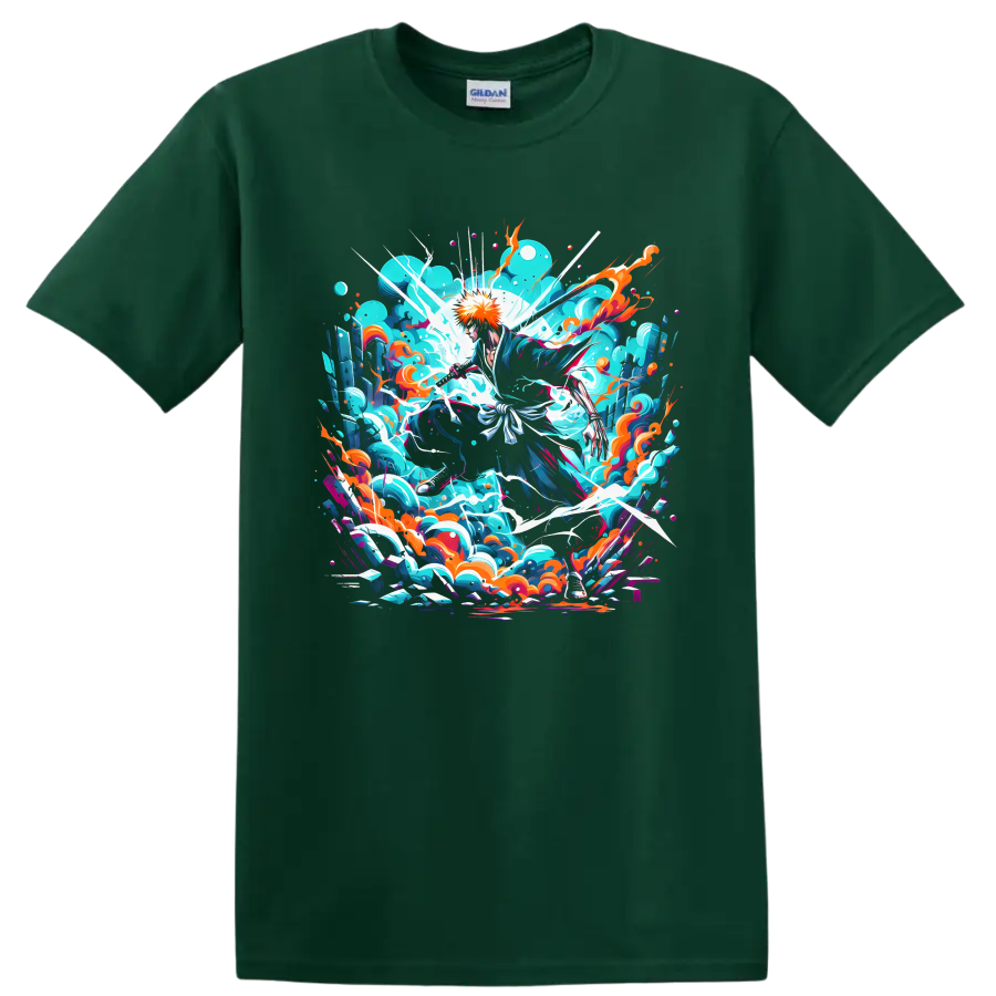Ichigo Kurosaki sword action graphic with turquoise energy waves and orange accents on a Forest Green T Shirt