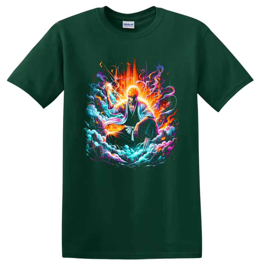 Ichigo Kurosaki neon fantasy battle art with energy waves, sparks, and swirling clouds on a Forest Green T Shirt