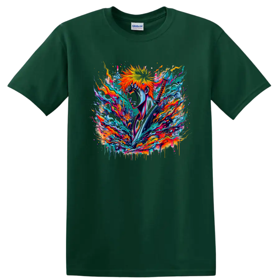 Ichigo Kurosaki Bleach neon sword warrior graphic with flames and blue energy on a Forest Green T Shirt