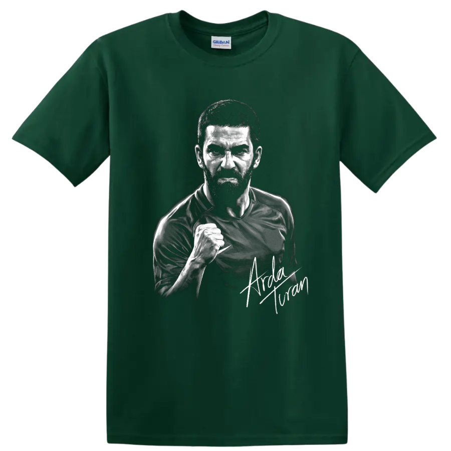 Arda Turan monochrome soccer portrait with raised fist and signature-style detail on a Forest Green T Shirt