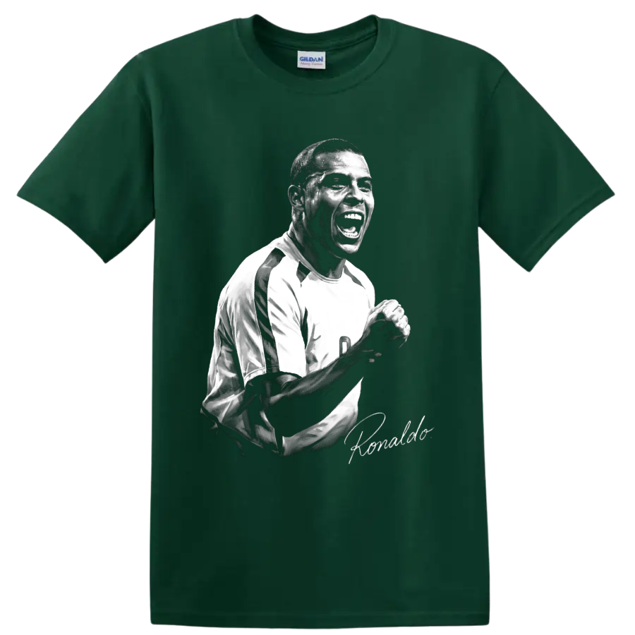 Ronaldo Nazário monochrome soccer celebration portrait with signature-style detail on a Forest Green T Shirt