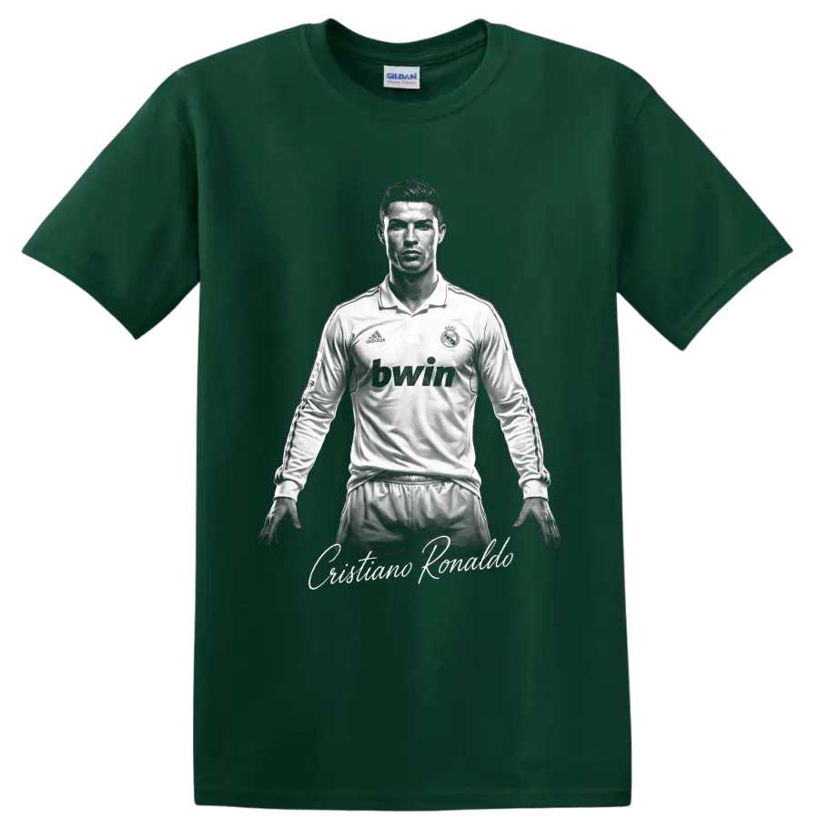Cristiano Ronaldo Real Madrid monochrome soccer portrait with script name on a Forest Green T Shirt