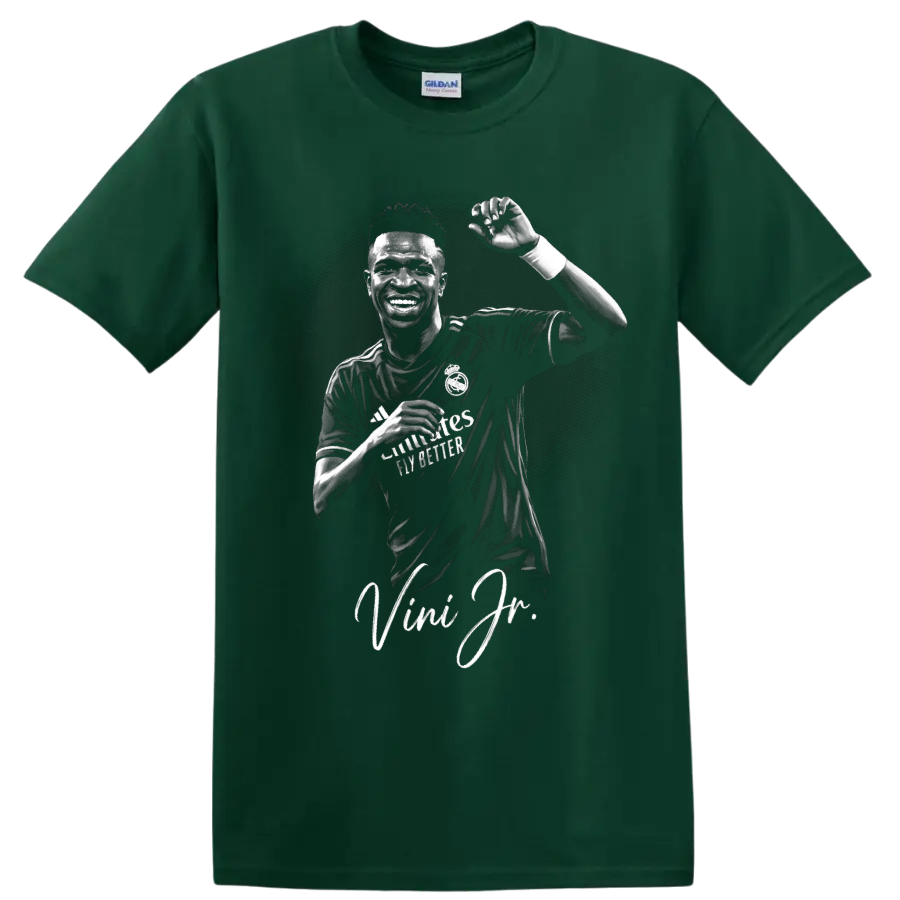 Vinícius Júnior Real Madrid monochrome celebration portrait with signature script on a Forest Green T Shirt