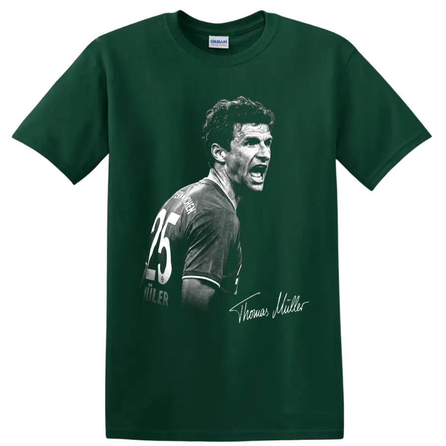 Thomas Müller black-and-white soccer portrait with number 25 jersey and signature detail on a Forest Green T Shirt
