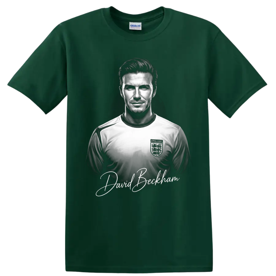 David Beckham England soccer portrait with signature-style lettering on a Forest Green T Shirt