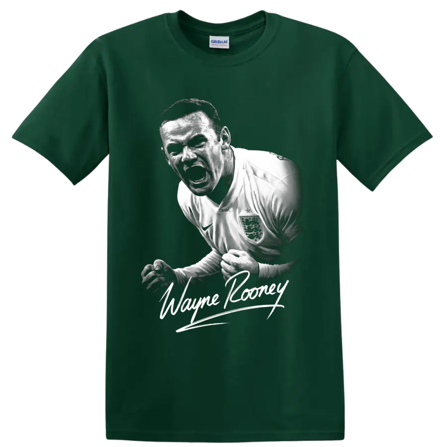 Wayne Rooney England soccer player monochrome portrait with signature-style lettering on a Forest Green T Shirt