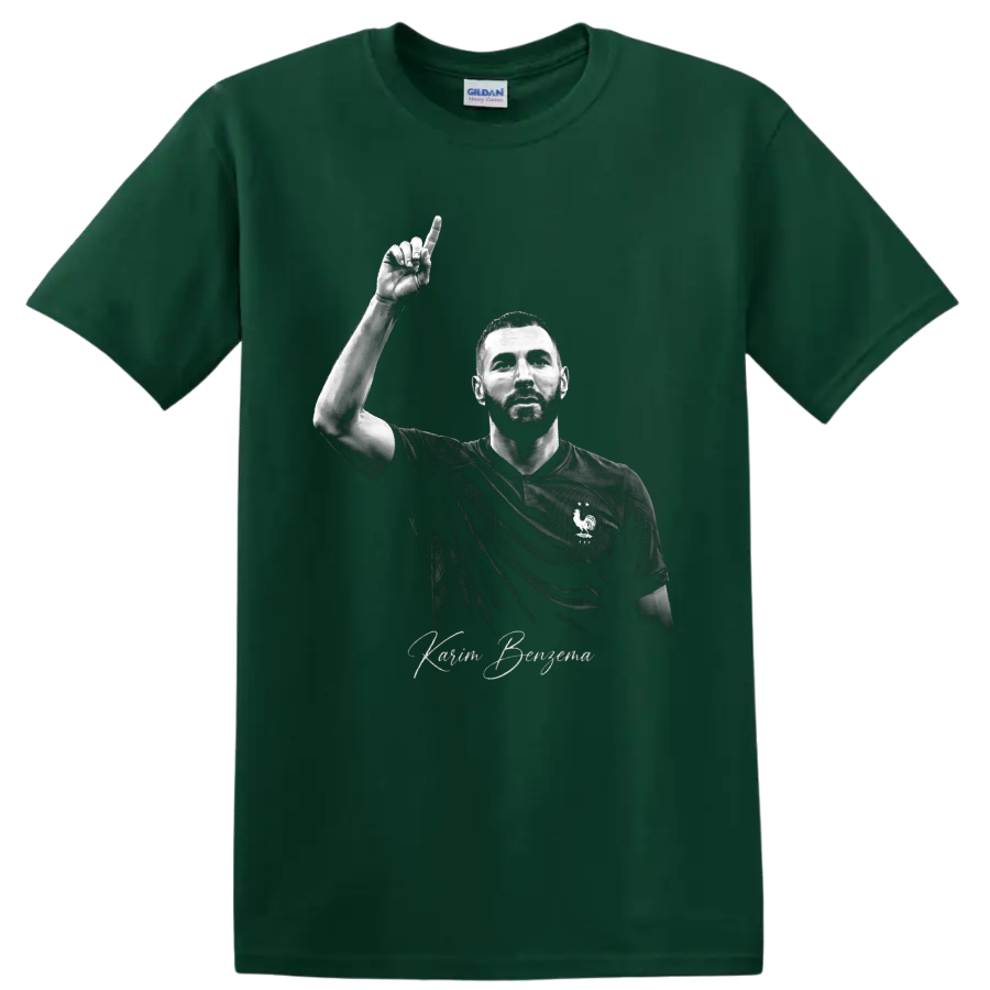 Karim Benzema France soccer portrait with raised finger and signature-style lettering on a Forest Green T Shirt