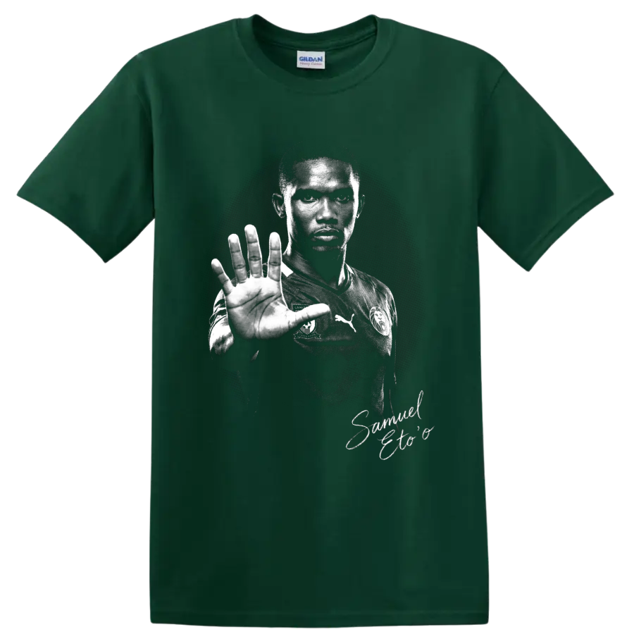 Samuel Eto'o Cameroon soccer portrait in dramatic distressed black-and-white style on a Forest Green T Shirt
