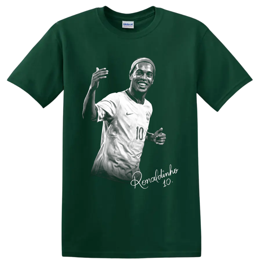 Ronaldinho in Brazil number 10 jersey, monochrome soccer portrait with signature script on a Forest Green T Shirt