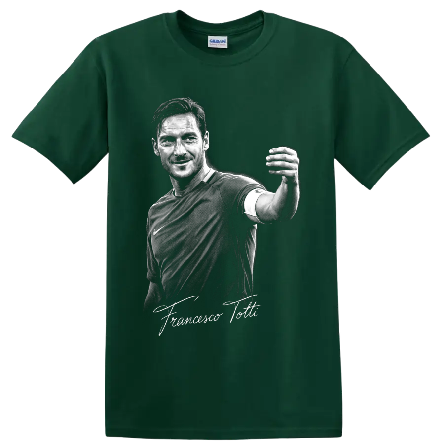 Francesco Totti monochrome soccer portrait with signature-style lettering on a Forest Green T Shirt