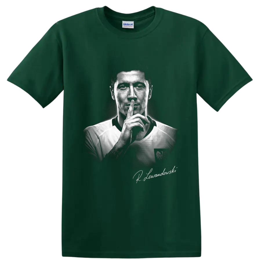 Robert Lewandowski Poland soccer shushing portrait in dramatic monochrome style on a Forest Green T Shirt