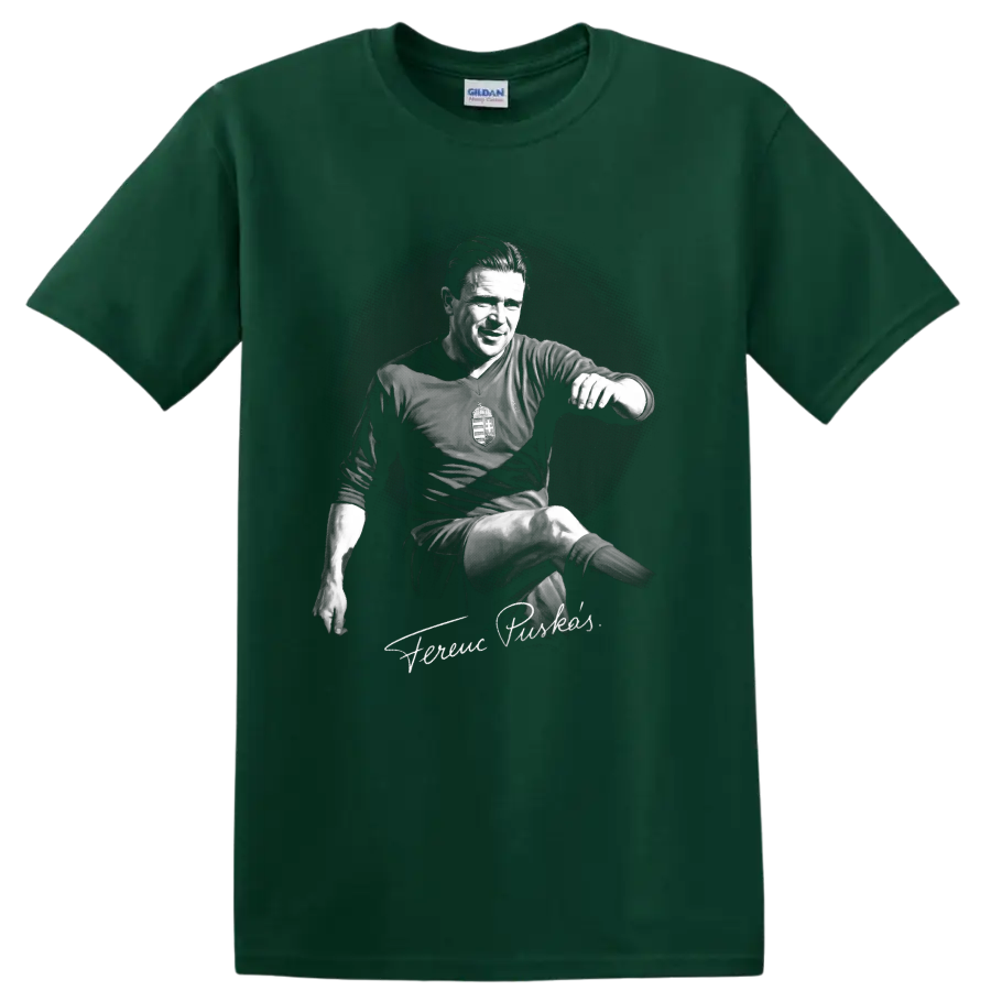 Ferenc Puskás monochrome soccer action portrait with signature-style lettering on a Forest Green T Shirt