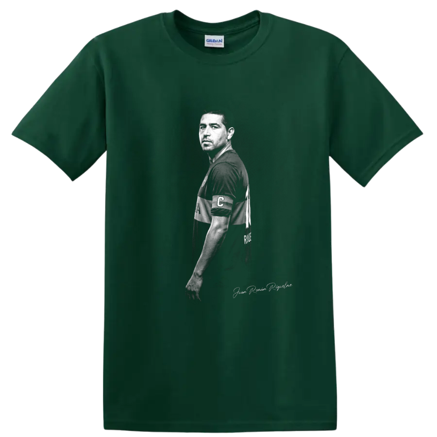 Juan Román Riquelme monochrome soccer portrait with captain’s armband on a Forest Green T Shirt