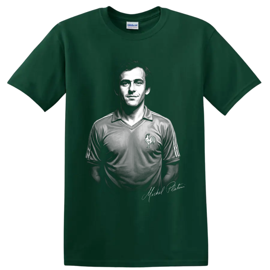 Michel Platini black-and-white France soccer jersey portrait with signature detail on a Forest Green T Shirt
