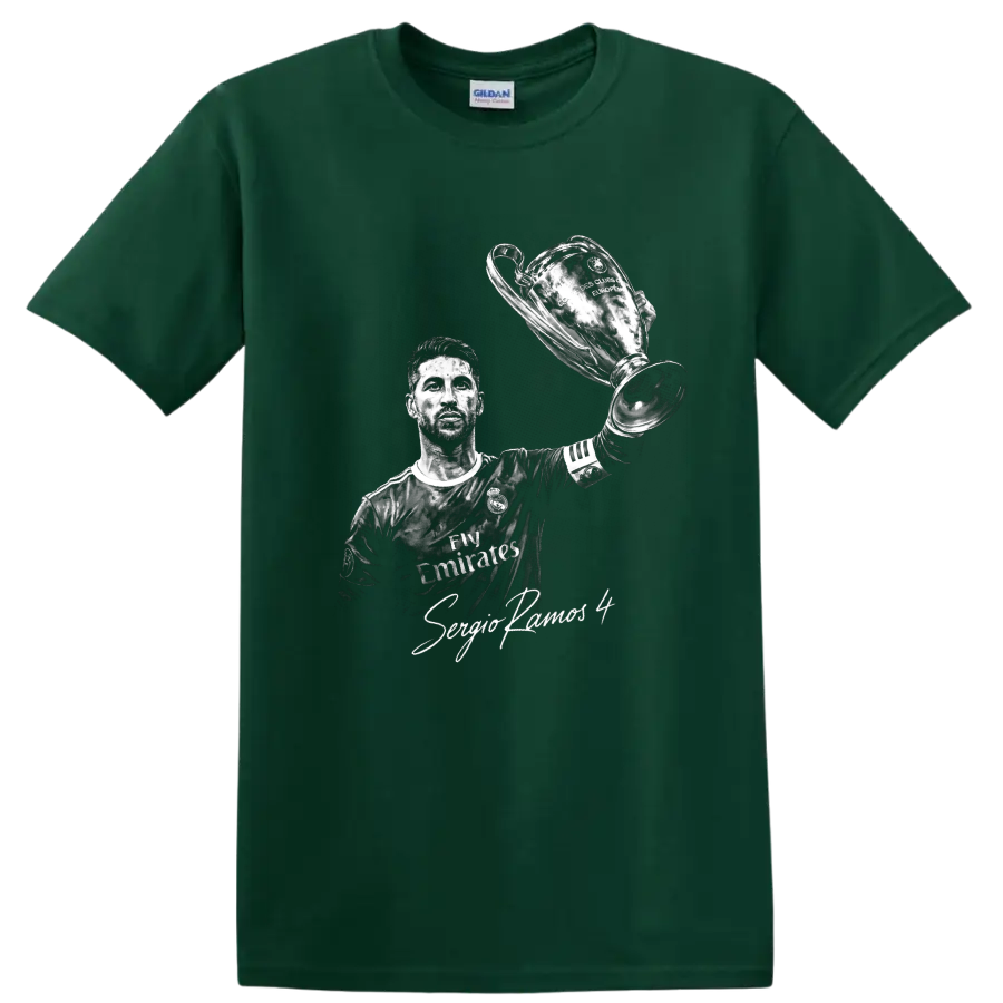 Sergio Ramos monochrome portrait raising a European trophy with signature-style text on a Forest Green T Shirt