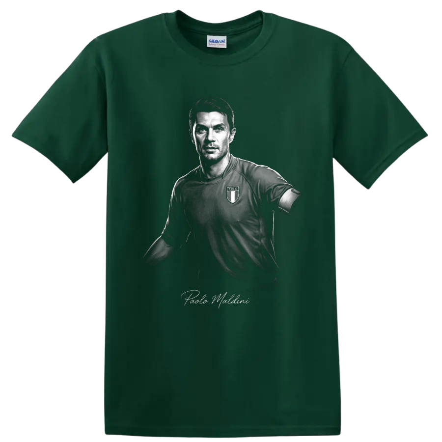 Paolo Maldini monochrome Italy soccer portrait with signature-style name lettering on a Forest Green T Shirt