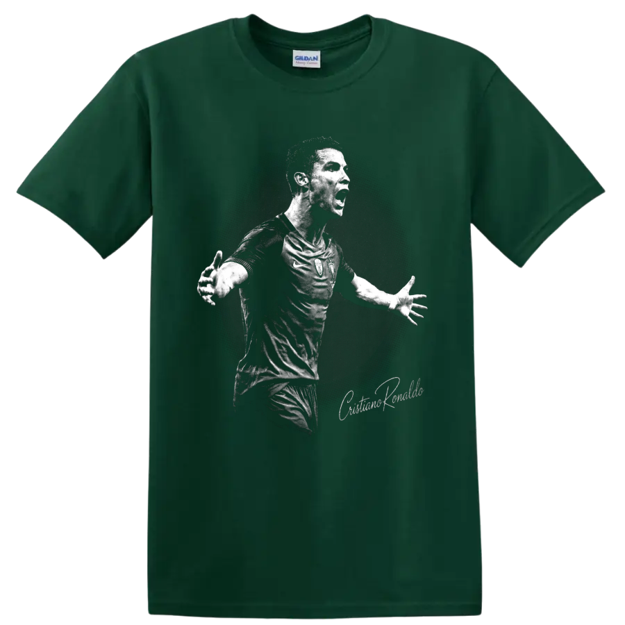 Cristiano Ronaldo celebrating in a distressed black-and-white soccer portrait on a Forest Green T Shirt