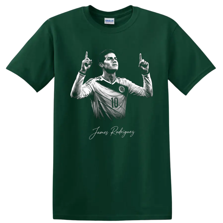 James Rodríguez monochrome number 10 soccer portrait with signature-style name on a Forest Green T Shirt