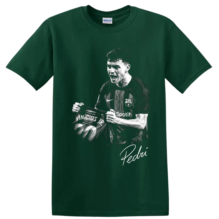Pedri FC Barcelona soccer celebration portrait with number 20 jersey and signature on a Forest Green T Shirt