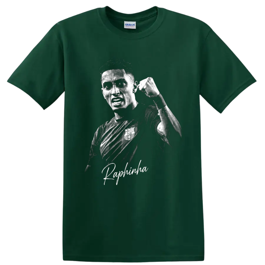 Raphinha raised-fist grayscale soccer portrait with signature-style name lettering on a Forest Green T Shirt
