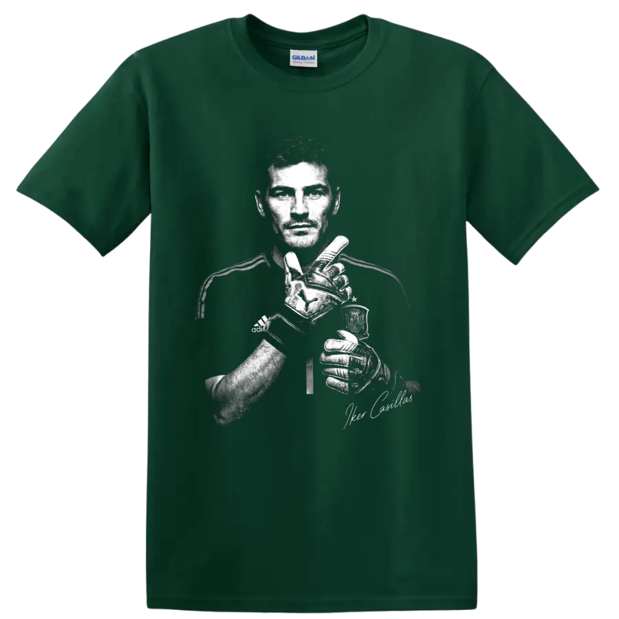 Iker Casillas monochrome goalkeeper portrait with gloves and signature-style accent on a Forest Green T Shirt
