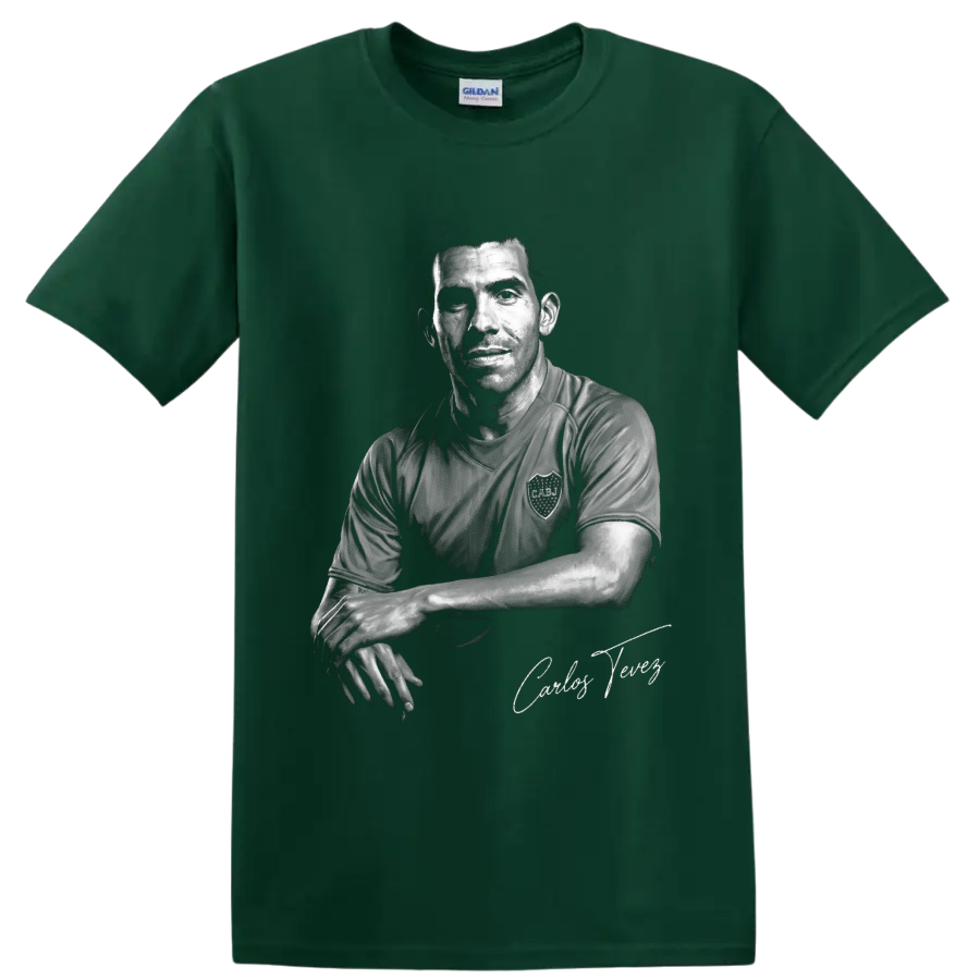 Carlos Tevez grayscale soccer portrait with signature-style text on a Forest Green T Shirt