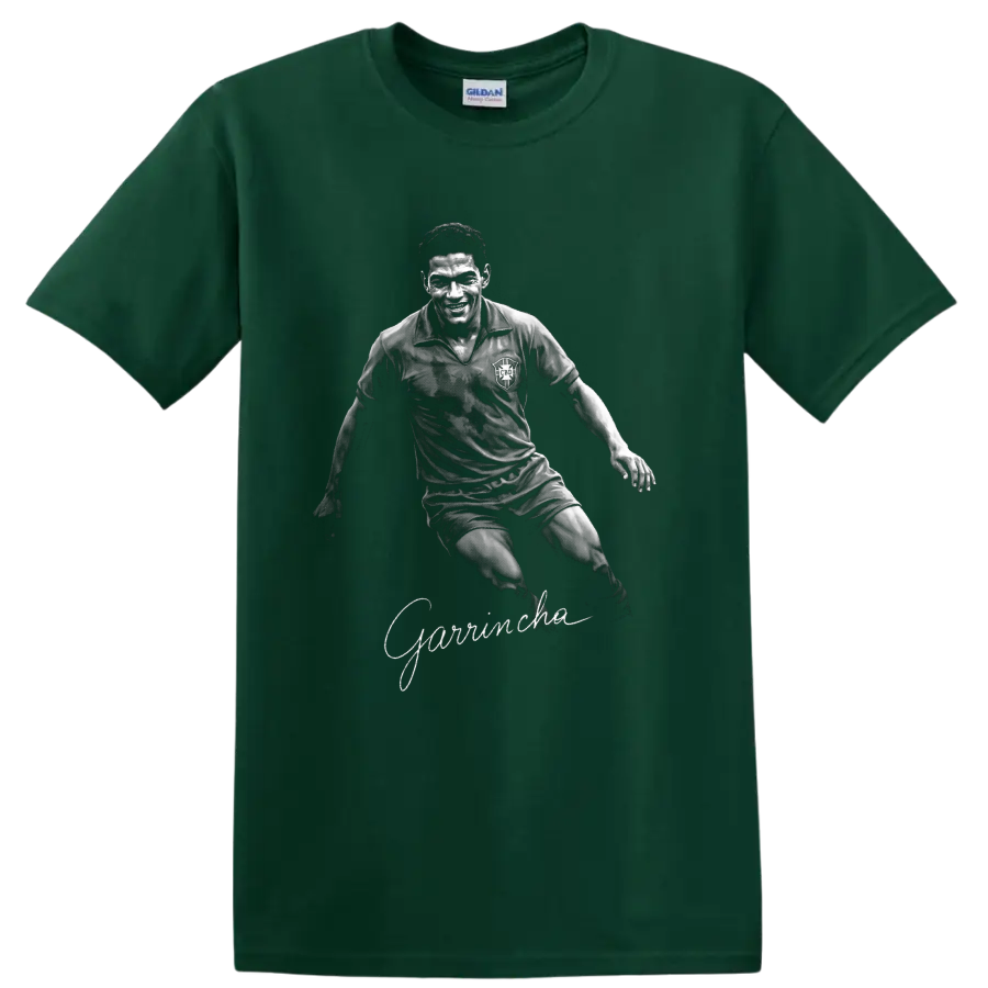 Garrincha dribbling soccer portrait in textured black-and-white vintage sports art on a Forest Green T Shirt