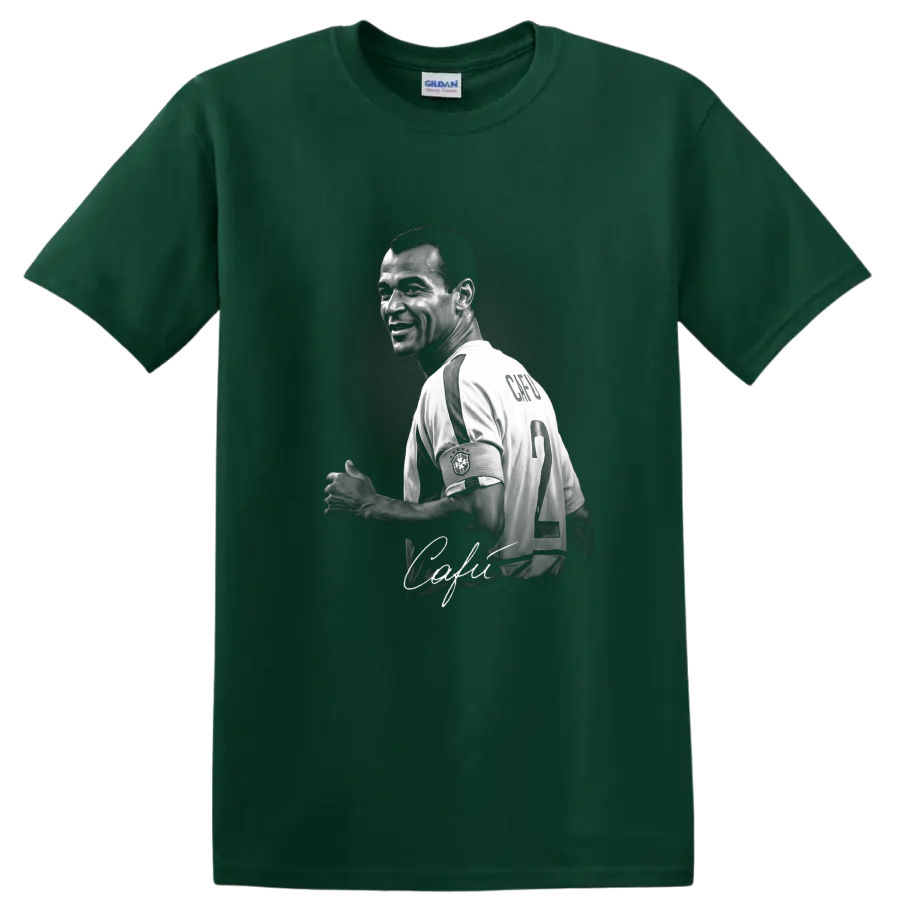 Monochrome Cafu Brazil captain portrait with number 2 jersey and signature-style script on a Forest Green T Shirt