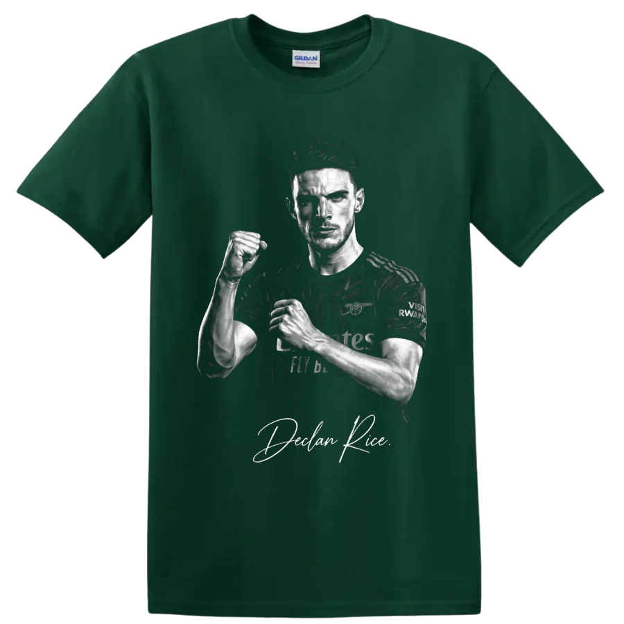 Declan Rice Arsenal soccer portrait with raised fist and signature-style text on a Forest Green T Shirt