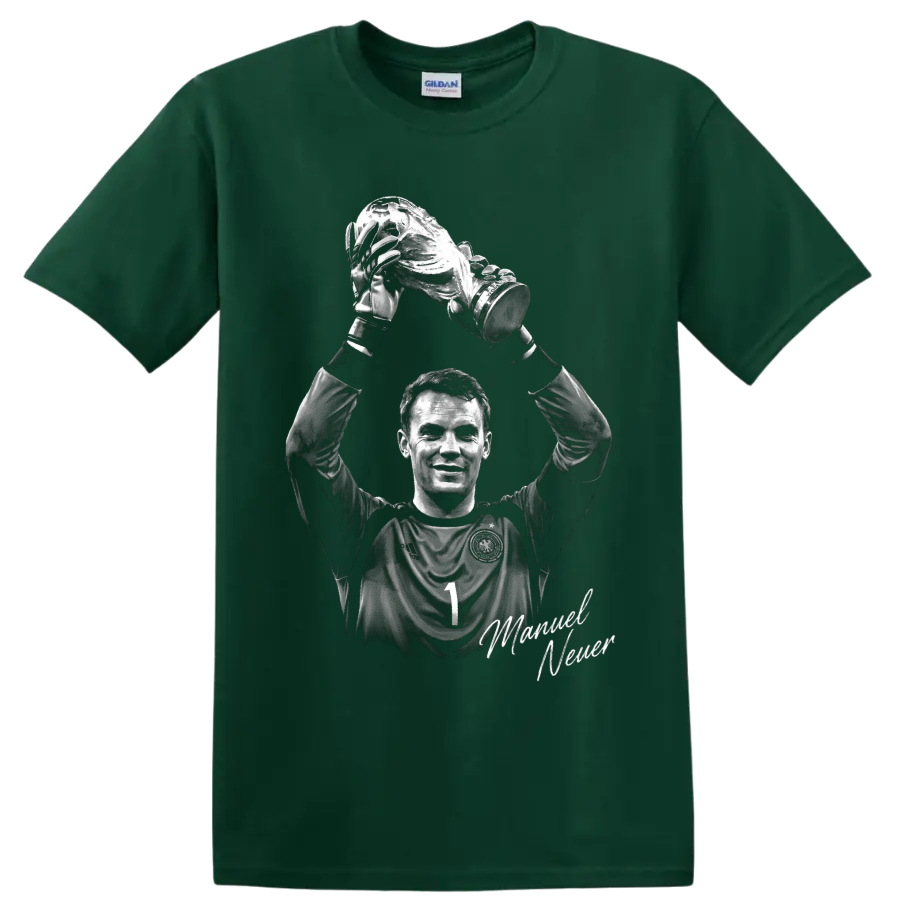 Manuel Neuer grayscale goalkeeper portrait raising a trophy with signature on a Forest Green T Shirt