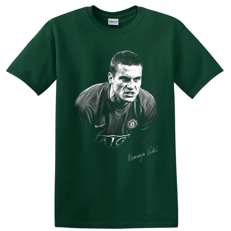 Nemanja Vidic Manchester United defender in intense monochrome portrait artwork on a Forest Green T Shirt