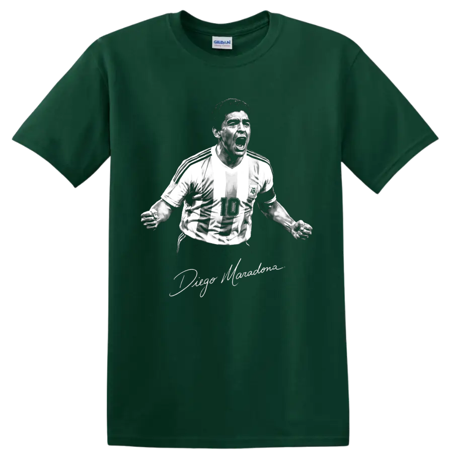 Diego Maradona roaring in a striped number 10 jersey, monochrome portrait and signature on a Forest Green T Shirt