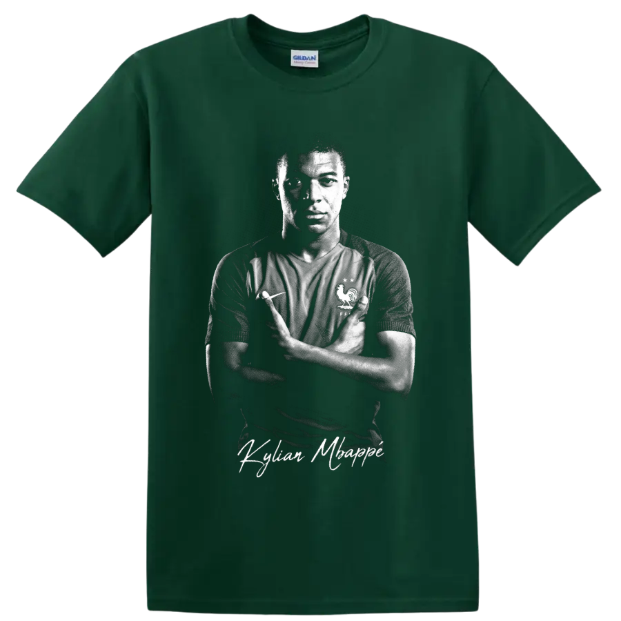Kylian Mbappé France soccer portrait with dramatic monochrome lighting and signature text on a Forest Green T Shirt