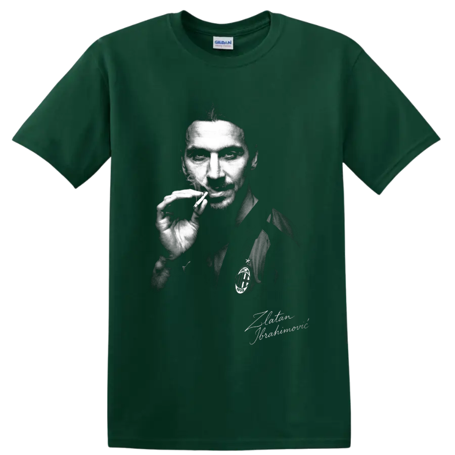 Zlatan Ibrahimović monochrome soccer portrait with smoke and signature-style lettering on a Forest Green T Shirt