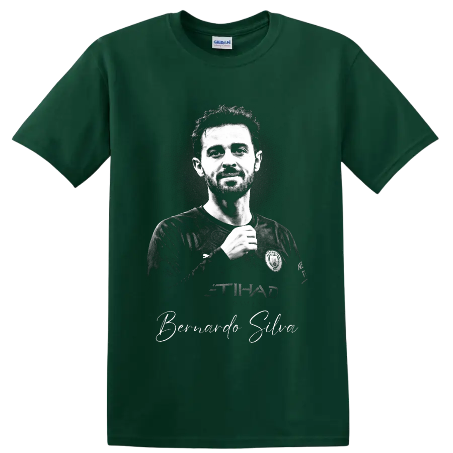 Bernardo Silva Manchester City monochrome soccer portrait with signature-style name on a Forest Green T Shirt