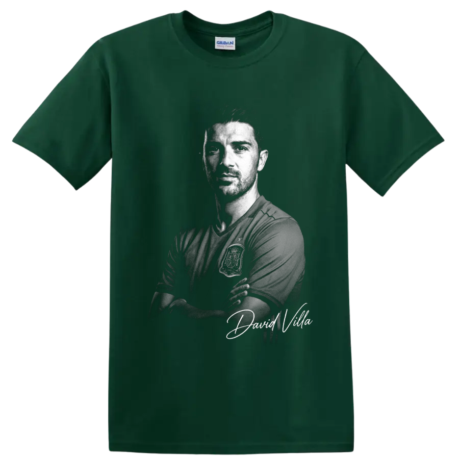 David Villa Spain soccer portrait in dramatic monochrome with signature-style lettering on a Forest Green T Shirt
