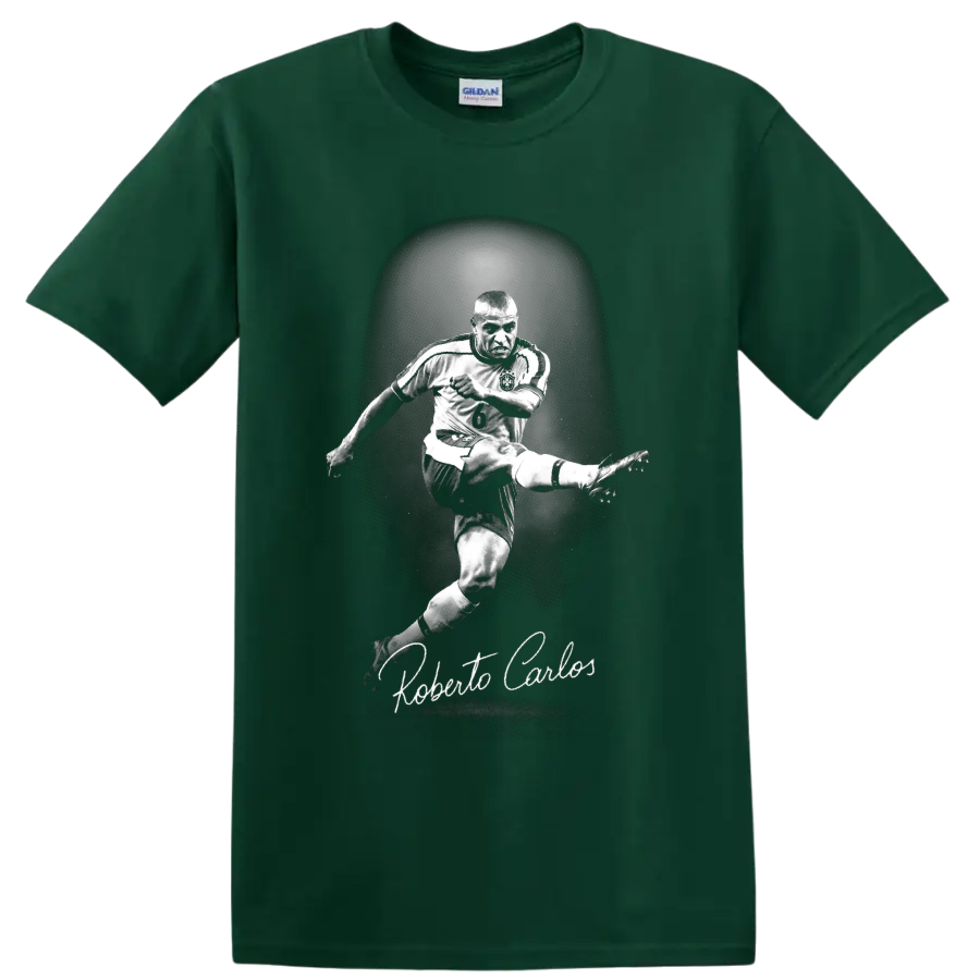 Roberto Carlos mid-kick soccer portrait with number 6 jersey and script signature on a Forest Green T Shirt