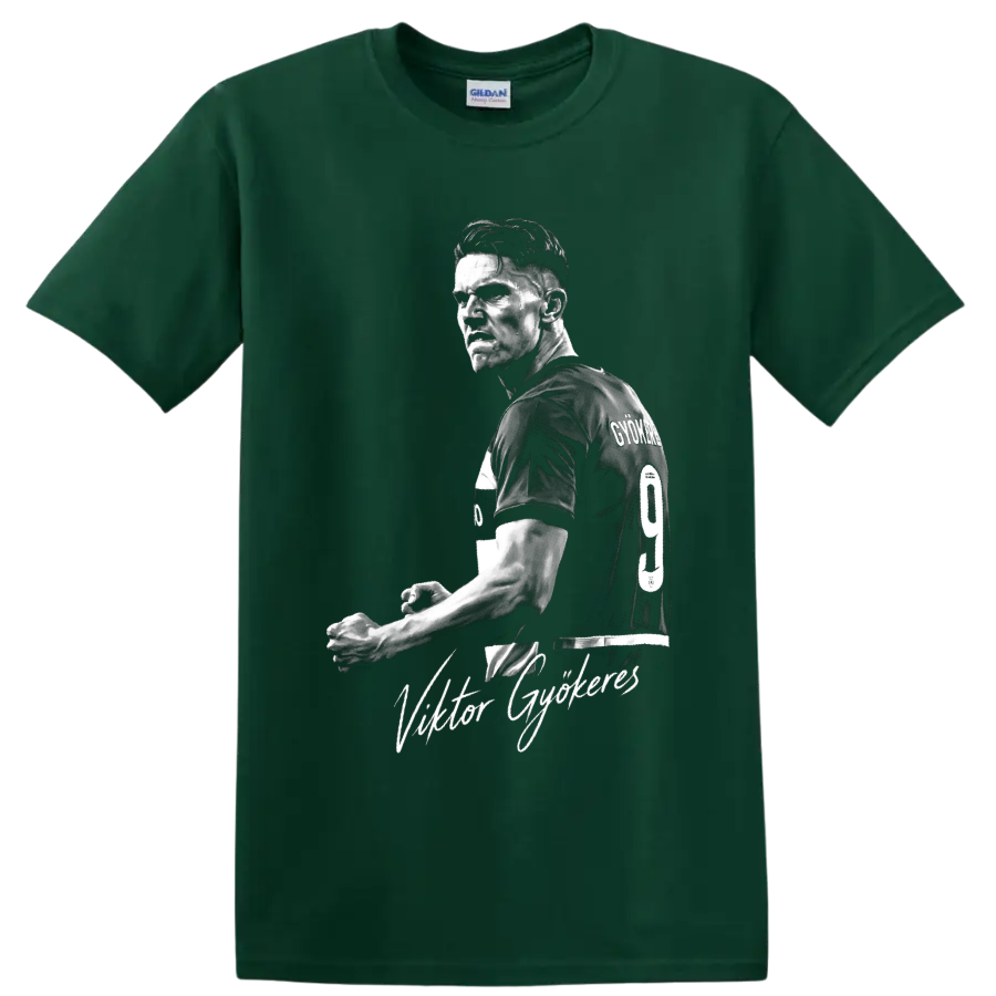 Viktor Gyökeres monochrome soccer portrait with number 9 jersey and script name on a Forest Green T Shirt