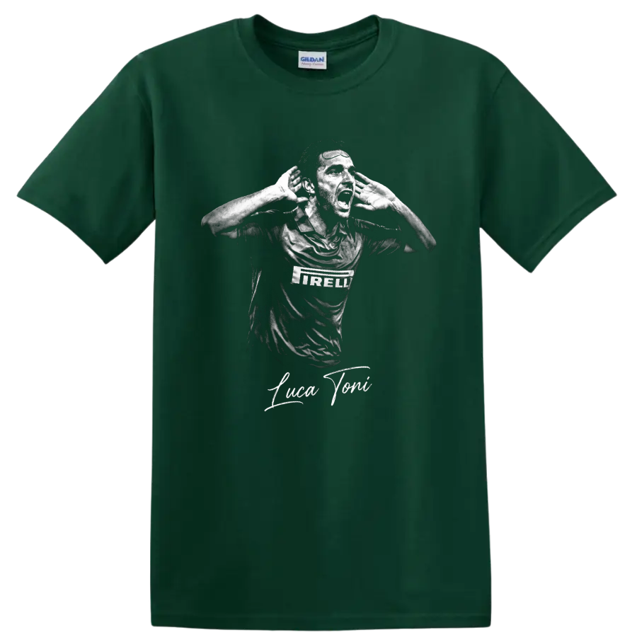 Luca Toni monochrome hands-to-ears soccer portrait with signature lettering on a Forest Green T Shirt