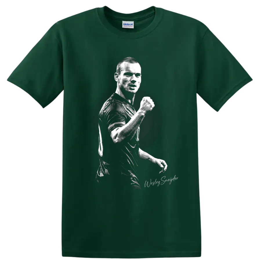 Wesley Sneijder raised-fist soccer portrait in gritty black-and-white style on a Forest Green T Shirt