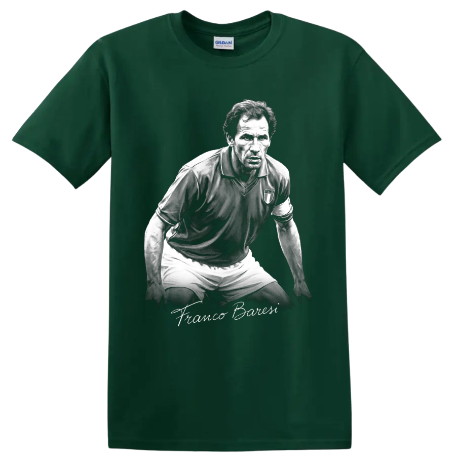 Franco Baresi grayscale soccer defender portrait with signature-style lettering on a Forest Green T Shirt